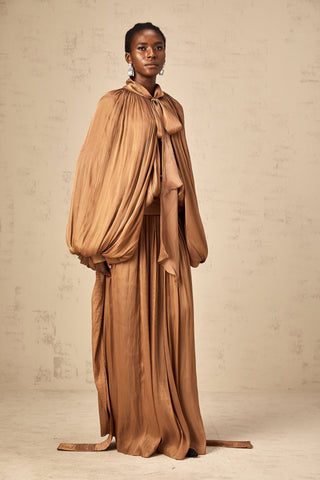 Mila Pleated Satin Maxi Dress — Brown