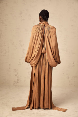 Mila Pleated Satin Maxi Dress — Brown