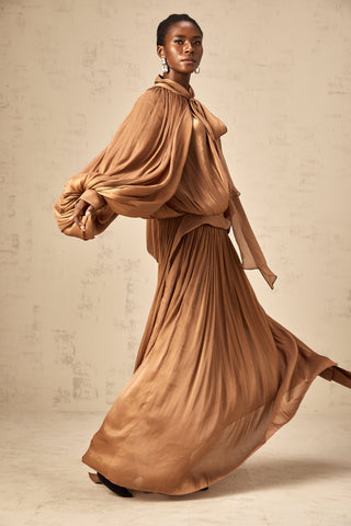Mila Pleated Satin Maxi Dress — Brown