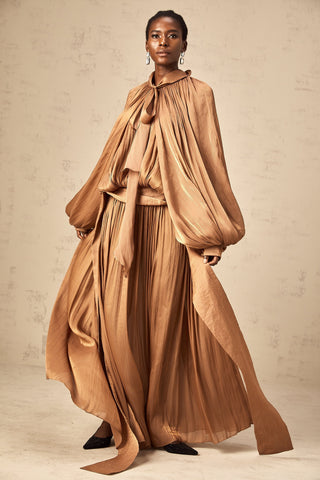 Mila Pleated Satin Maxi Dress — Brown