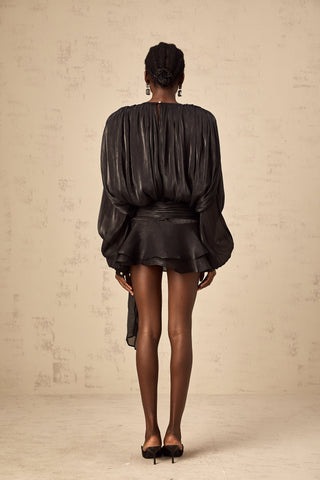 Eugénie Pleated Ruffle Mini Dress — Black