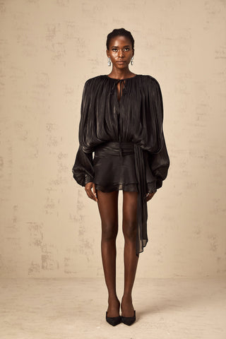 Eugénie Pleated Ruffle Mini Dress — Black