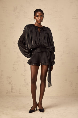 Eugénie Pleated Ruffle Mini Dress — Black