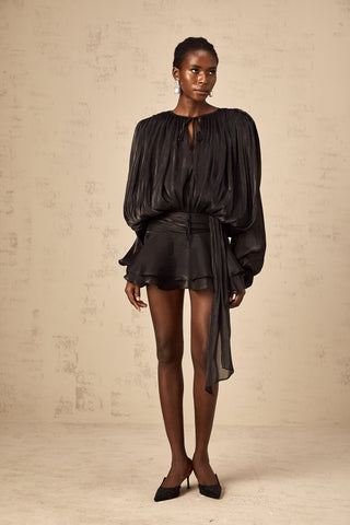 Eugénie Pleated Ruffle Mini Dress — Black