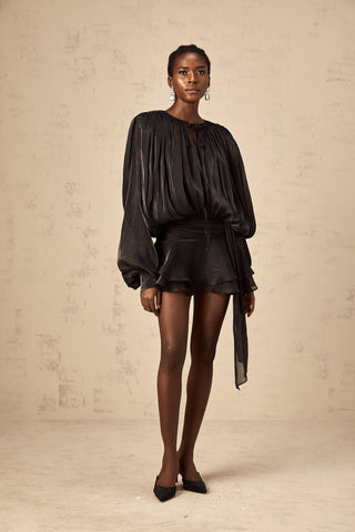 Eugénie Pleated Ruffle Mini Dress — Black
