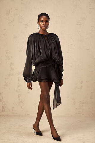 Eugénie Pleated Ruffle Mini Dress — Black