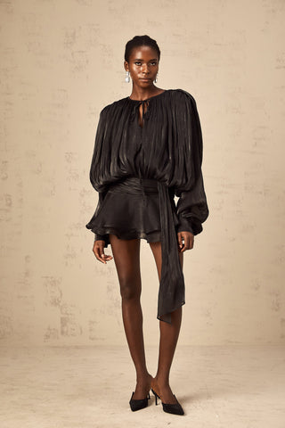 Eugénie Pleated Ruffle Mini Dress — Black