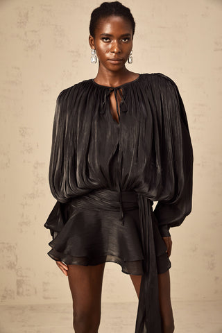 Eugénie Pleated Ruffle Mini Dress — Black