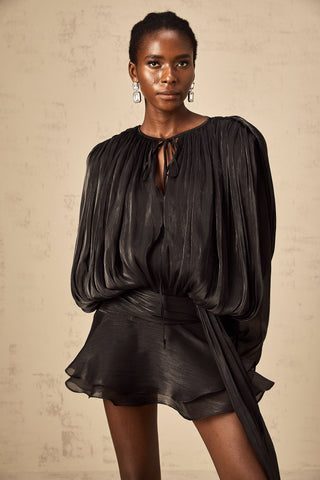 Eugénie Pleated Ruffle Mini Dress — Black