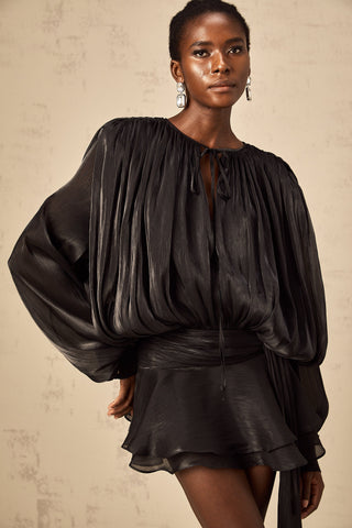 Eugénie Pleated Ruffle Mini Dress — Black
