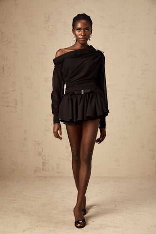 Andrea Asymmetric Tulle Blouse and Skirt Set — Black