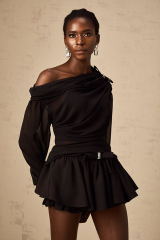Andrea Asymmetric Tulle Blouse and Skirt Set — Black