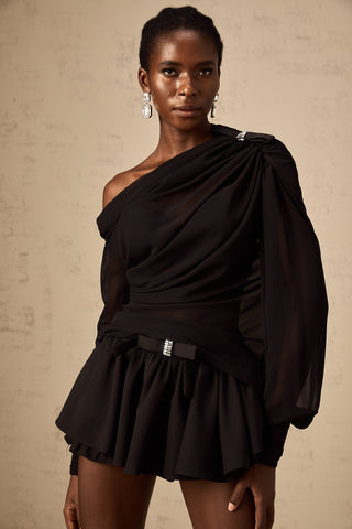 Andrea Asymmetric Tulle Blouse and Skirt Set — Black