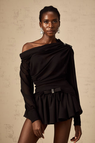 Andrea Asymmetric Tulle Blouse and Skirt Set — Black