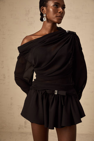 Andrea Asymmetric Tulle Blouse and Skirt Set — Black