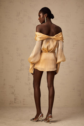 Adelina Off-Shoulder Crystal Mini Dress — Gold