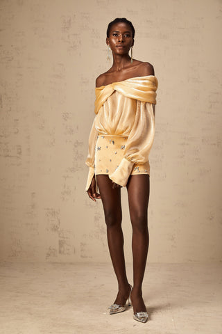 Adelina Off-Shoulder Crystal Mini Dress — Gold