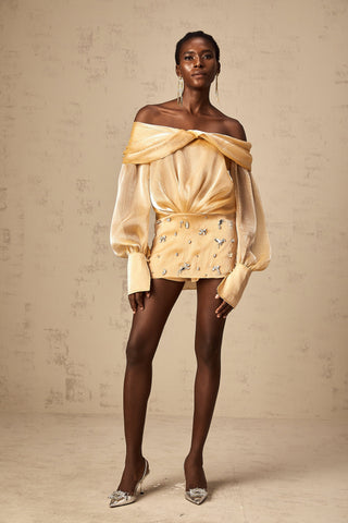 Adelina Off-Shoulder Crystal Mini Dress — Gold