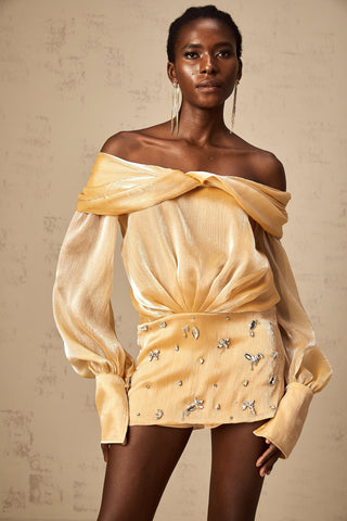 Adelina Off-Shoulder Crystal Mini Dress — Gold