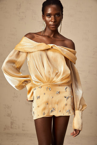 Adelina Off-Shoulder Crystal Mini Dress — Gold
