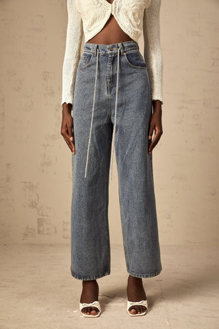 Drawstring Denim Pants — Light Blue