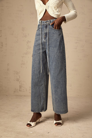 Drawstring Denim Pants — Light Blue