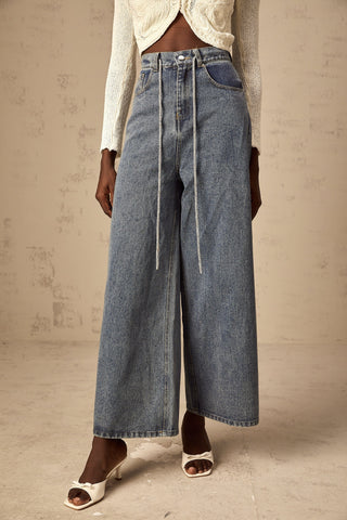 Drawstring Denim Pants — Light Blue