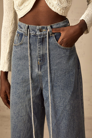 Drawstring Denim Pants — Light Blue