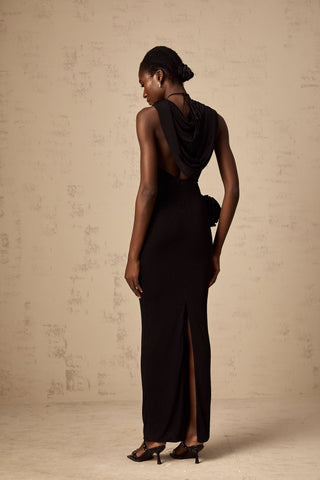 Axelle Hooded Floral Appliqué Maxi Dress — Black