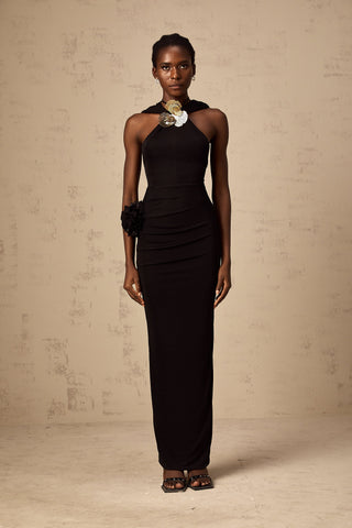 Axelle Hooded Floral Appliqué Maxi Dress — Black