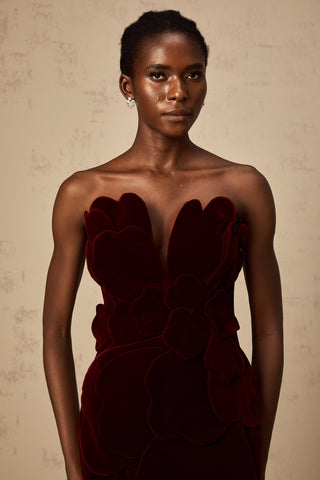 Maïwenn Velvet Floral Appliqué Mini Dress — Red