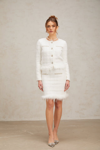 Cora Feather-Trim Waffle Knit Cardigan and Skirt Set — White