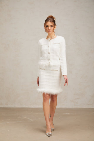 Cora Feather-Trim Waffle Knit Cardigan and Skirt Set — White