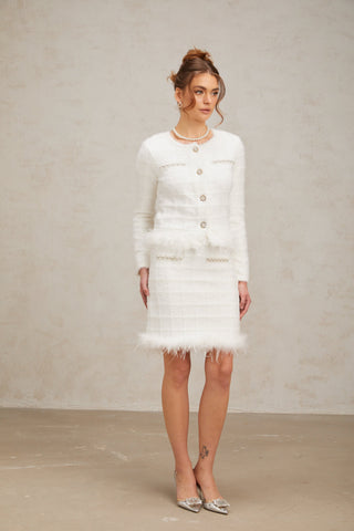 Cora Feather-Trim Waffle Knit Cardigan and Skirt Set — White