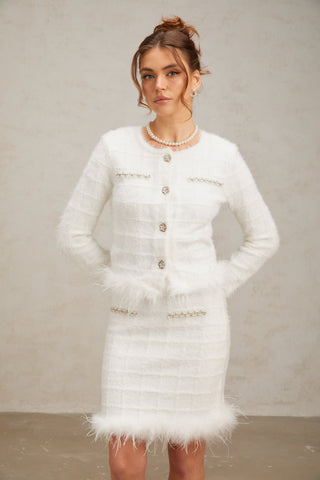Cora Feather-Trim Waffle Knit Cardigan and Skirt Set — White
