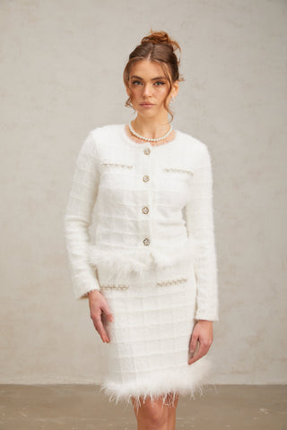 Cora Feather-Trim Waffle Knit Cardigan and Skirt Set — White