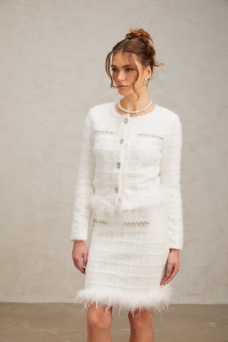 Cora Feather-Trim Waffle Knit Cardigan and Skirt Set — White