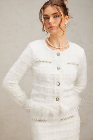 Cora Feather-Trim Waffle Knit Cardigan and Skirt Set — White