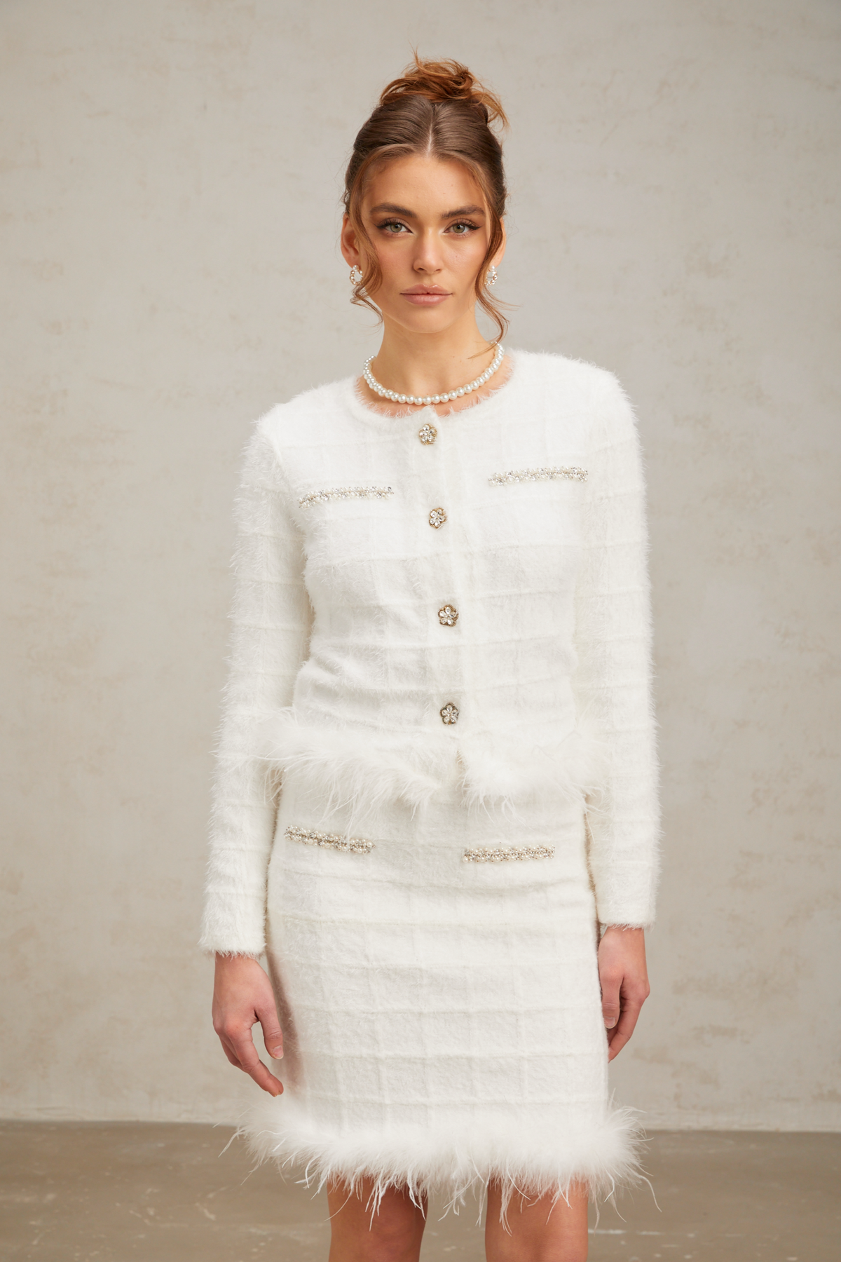 Cora Feather-Trim Waffle Knit Cardigan and Skirt Set — White