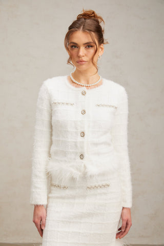 Cora Feather-Trim Waffle Knit Cardigan and Skirt Set — White