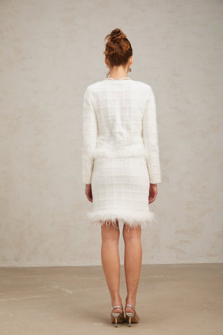 Cora Feather-Trim Waffle Knit Cardigan and Skirt Set — White