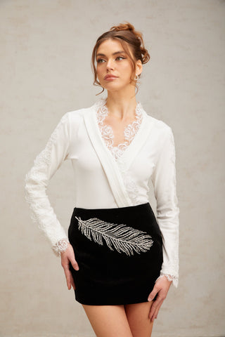 Myriam Feather-Embroidered Mini Dress — Black