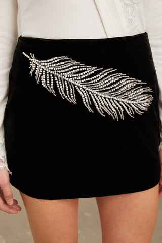 Myriam Feather-Embroidered Mini Dress — Black