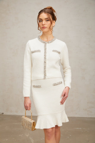 Frida Waffle-Knit Cardigan and Skirt Set — White