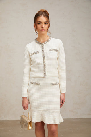 Frida Waffle-Knit Cardigan and Skirt Set — White