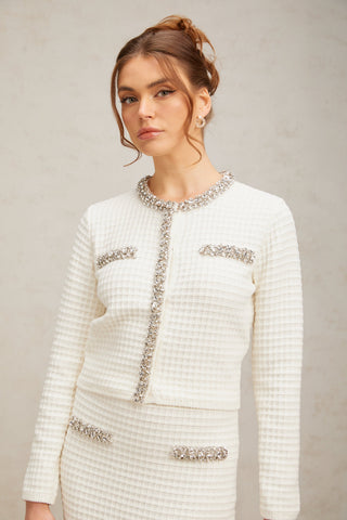 Frida Waffle-Knit Cardigan and Skirt Set — White