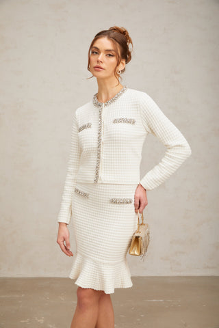 Frida Waffle-Knit Cardigan and Skirt Set — White