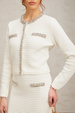 Frida Waffle-Knit Cardigan and Skirt Set — White