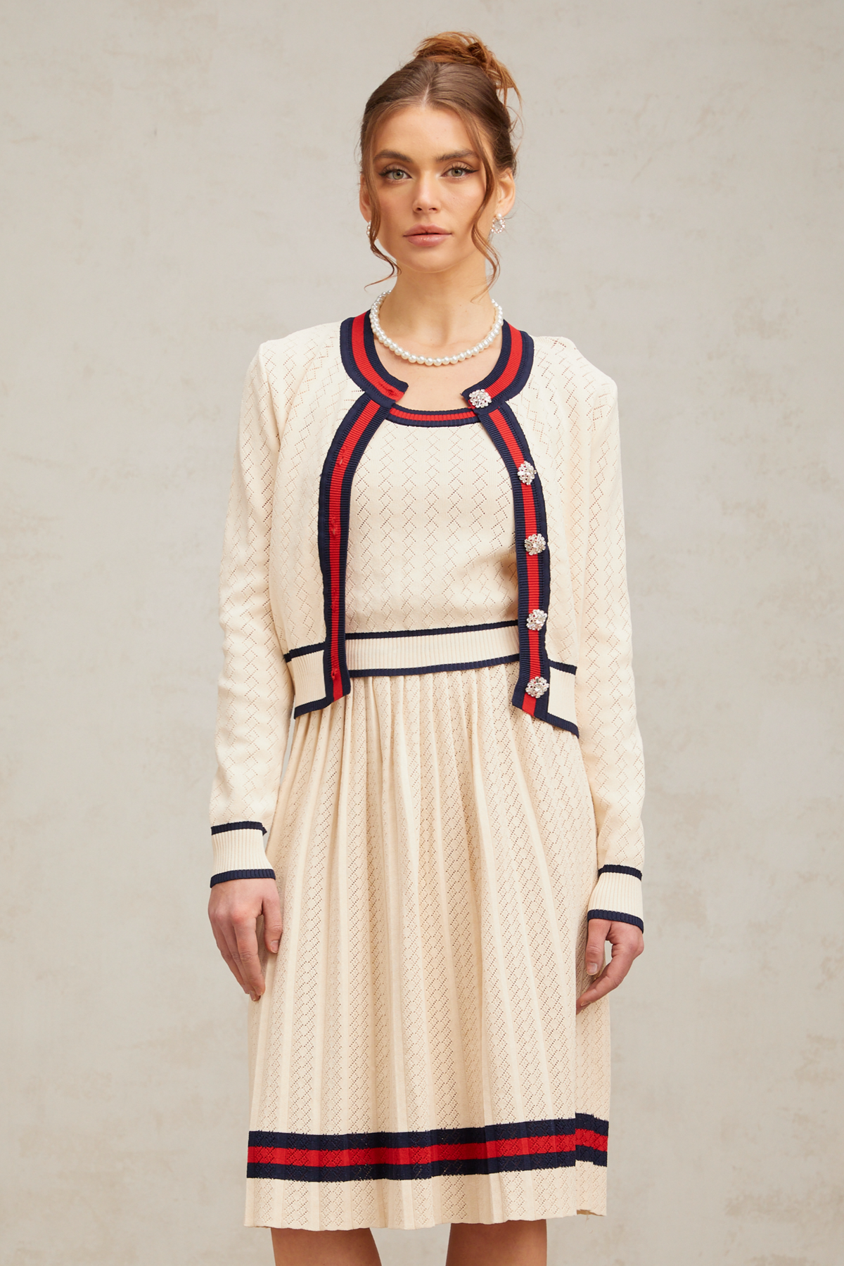 Bérénice Argyle Knit Top, Cardigan & Skirt Set
