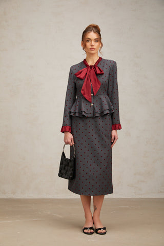 Priscille Polka-Dot Top and Skirt Set — Grey & Red